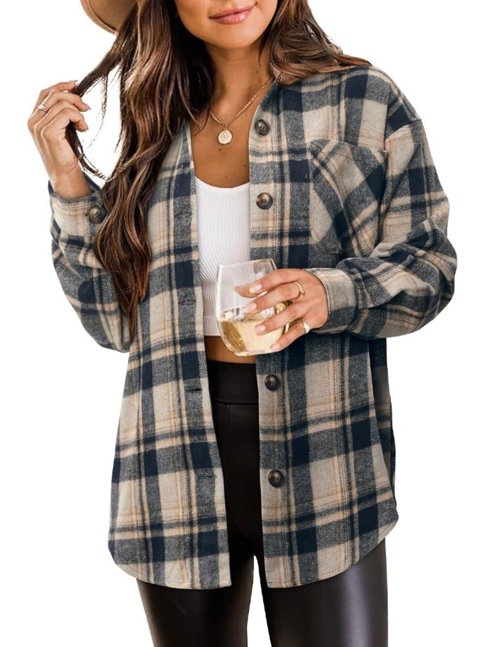 Women's Blue & Grey Plaid Flannel Button-Down Long Sleeves Oversized Shacket